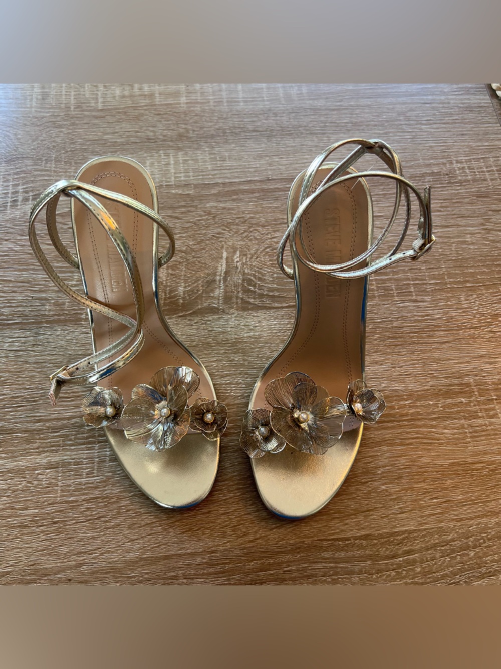 Steve Madden Gold Metallic Floral Ankle-Strap Stiletto Heels - Picture 3 of 10